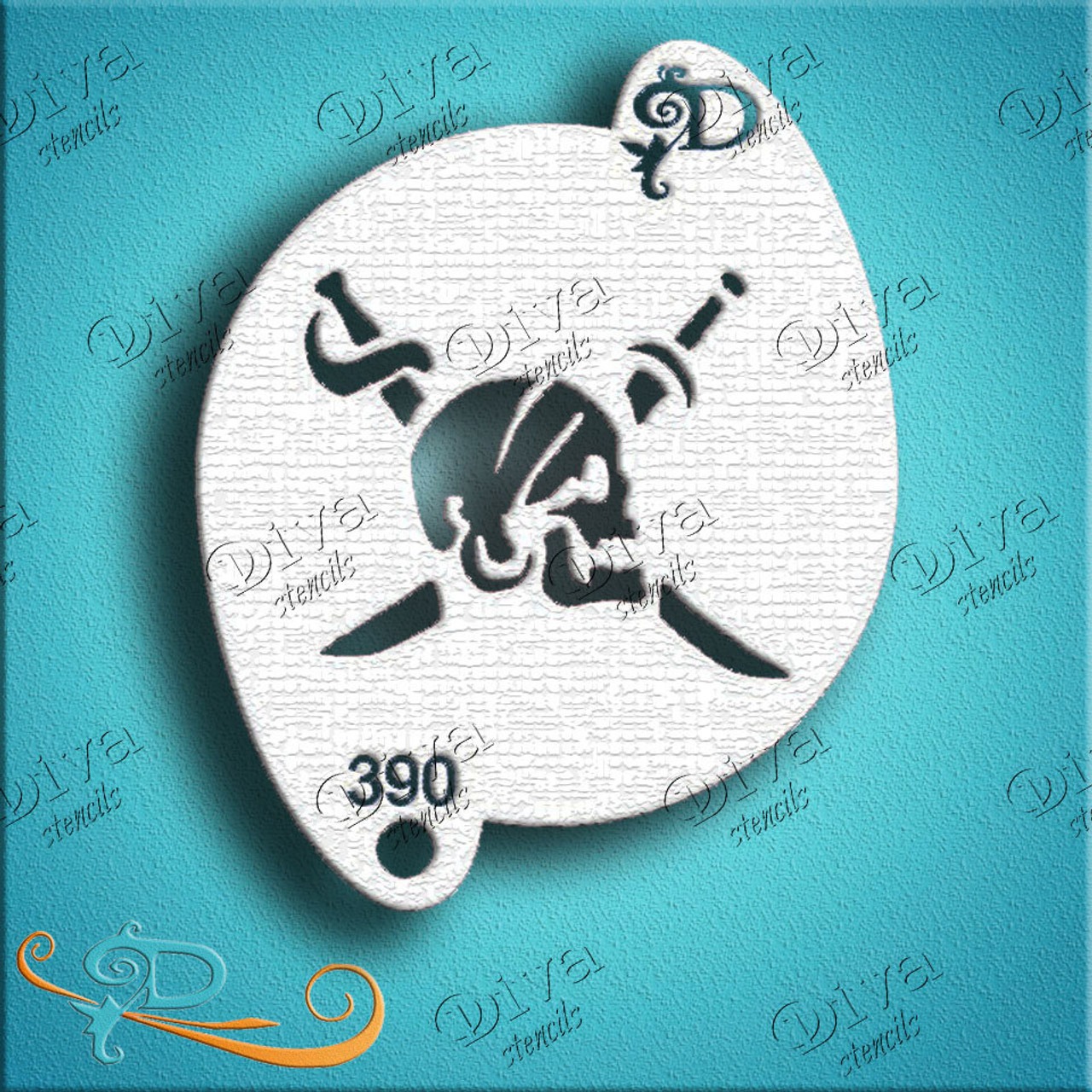 DIVA STENCILS - Small - 390 - Pirate Side Skull with Swords - GRIMAGES.COM